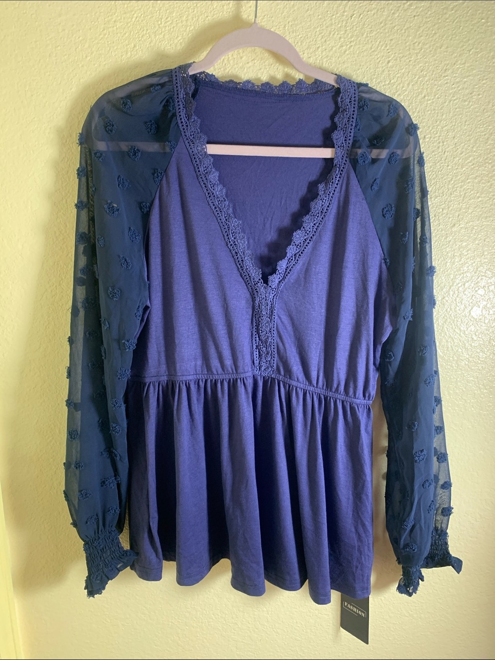NWT FASHION. Lace-Trim Deep Blue Peplum Tunic, Size L